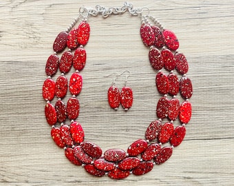Färgstänk rött halsband, 3-trådiga statement-smycken, rödbruna Chunky haklapp brudtärneörhängen med bubbelsmycken för vardagsbruk mörkröda