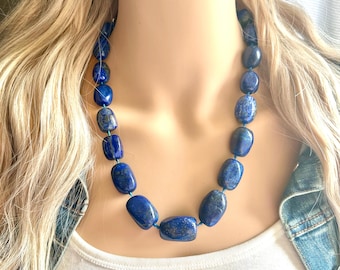Natural Lapis lazuli Beaded necklace, 1 strand Statement Necklace, Chunky Bib stone jewelry, gemstone layering navy royal blue knotted