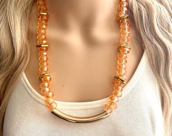 Orange Coral Soirée, Chunky single Strand Statement Necklace, fall necklace, orange jewelry, gold necklace jewelry set statement