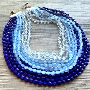 Vintage 11 Strand Blue Ombre Beaded Necklace jewelry, beaded chunky statement necklace, light aqua bridesmaid necklace, bridal jewelry thick