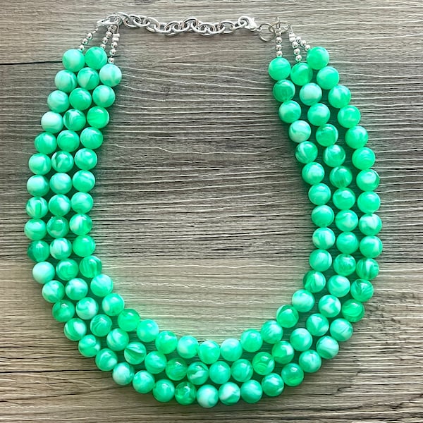 Bright Green chunky necklace, Green beaded jewelry, resin beaded green creamy necklace, 3 strand green statement ball bead