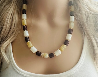 Earth Tones Statement Necklace & Earring set, champagne jewelry, wood bib chunky necklace, brown jewelry tan set drop dangle resin