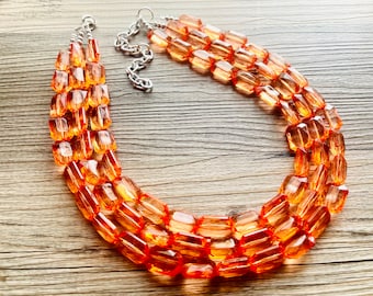 Koraaloranje statementketting, 3 multi-strand kralensieraden, heldere ketting, koraalketting, zomerketting, sieraden met kralen, oorbellen