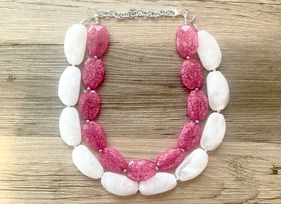 Pink White Necklace Multi Strand Jewelry Big Beaded Chunky