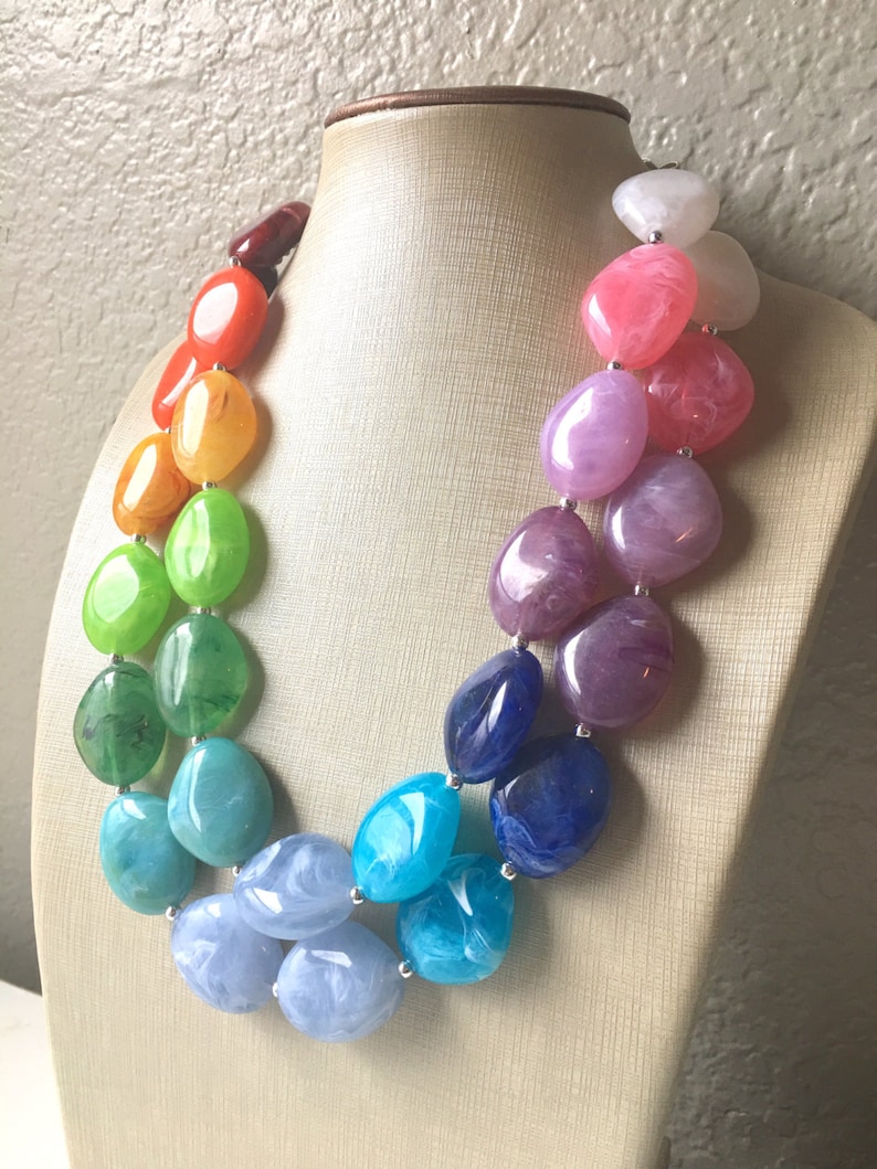 Rainbow Beaded Necklace Colorful Jewelry Chunky Statement Etsy