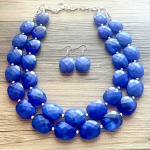 Royal Blue Statement Necklace, Chunky Jewelry Big Beaded Double Strand Necklace, Dark Blue Necklace, Blue Jewelry Set, Dark Blue Beaded image 6