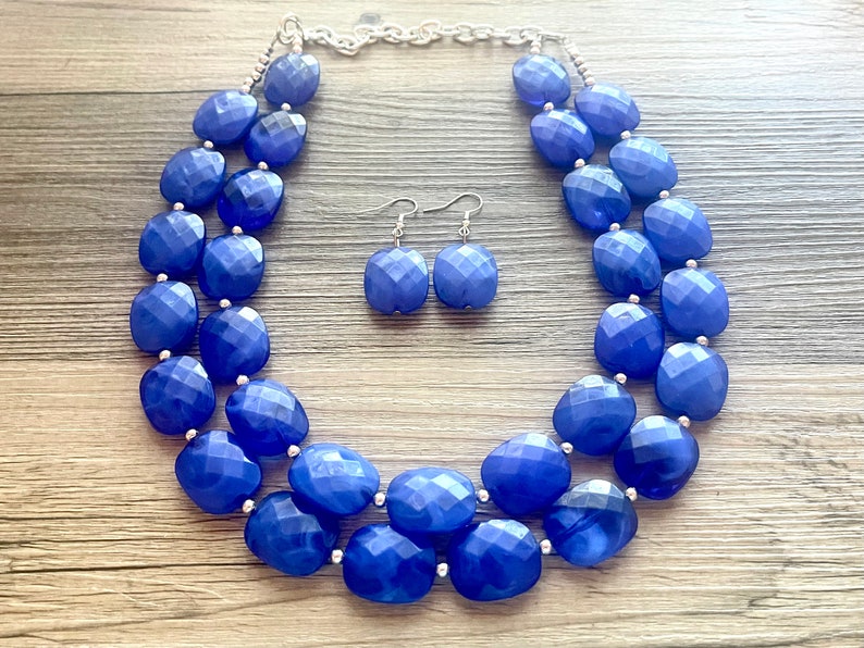 Royal Blue Statement Necklace, Chunky Jewelry Big Beaded Double Strand Necklace, Dark Blue Necklace, Blue Jewelry Set, Dark Blue Beaded image 6