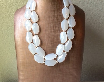 White Beaded Statement Necklace, Bridesmaid Chunky Necklace, Everyday Casual Affordable Jewelry
