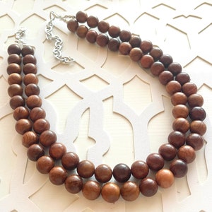 2 Strand Wood Beaded Necklace, brown Jewelry Chunky statement necklace, big beaded necklace jewelry, natural smooth wood earrings