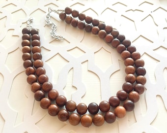 2 Strang Holz Perlen Halskette, brauner Schmuck Chunky Statement Halskette, große Perlen Halskette Schmuck, natürliche glatte Holz Ohrringe