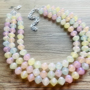 Day Glow Multi-Color Rainbow Necklace, pastel Chunky Statement Necklace Happy Bright Summer Jewelry, big beaded jewelry geometric white