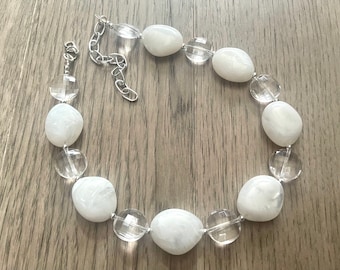 White & Clear silver necklace, statement necklace, white jewelry, big beaded single strand chunky necklace, white chunky statement jewelry