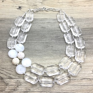 White and Clear statement necklace, lucite necklace, resin necklace, clear multi strand chunky jewelry, silver Beaded Holiday Necklace