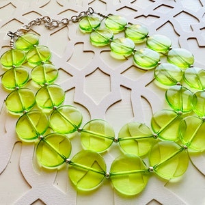 Big Bead Lime Necklace, 2 Strand Statement Jewelry, light green Chunky bib bridesmaid everyday bubble jewelry evergreen earrings transparent