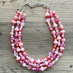 Bubblegum Garden Pink Necklace, multi strand colorful jewelry, big beaded chunky statement hot dark pink magenta silver peach blush