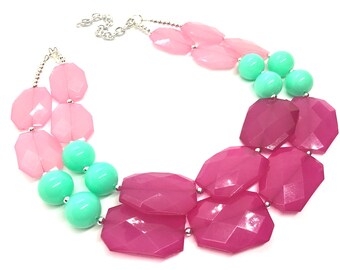 Pink & Mint Big Bead Necklace - Double Strand Statement Jewelry - magenta blush mint green Chunky bib bridesmaid, everyday bubble jewelry