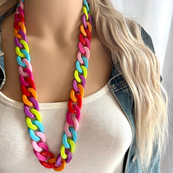 Long Acrylic Necklace, Bright Rainbow Creamy Linking Acetate