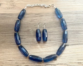 Navy Blue Beaded Necklace, blue Jewelry, Chunky statement necklace, navy jewelry set, blue statement necklace, dark blue earrings