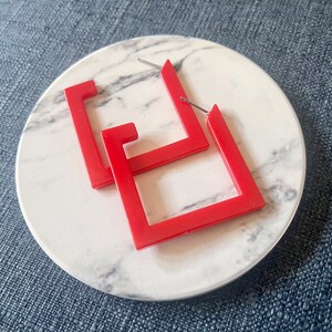 Cherry Red Geometric Hoop earrings, square earrings, tortoise shell jewelry, red earrings, hoops acrylic acetate lucite drop red jewelry