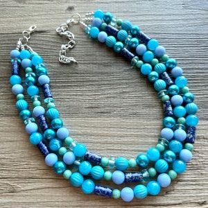 Rainy Day Green & Blue Statement Necklace, chunky bib beaded jewelry, aqua royal blue necklace, light lime acrylic silver turquoise olive
