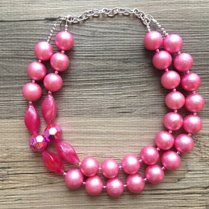 Chunky Hot Pink Statement Necklace, Big beaded jewelry, Double Strand Statement Necklace, Bib necklace pink magenta bridesmaid