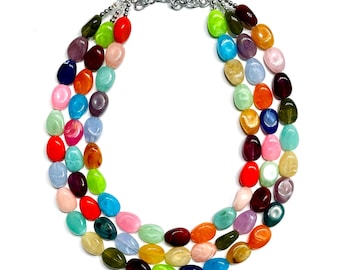 Collar multicolor de acuarela arcoíris, collar llamativo grueso con diseño de lluvia de chispas, joyería veraniega alegre y brillante, joyería con cuentas grandes