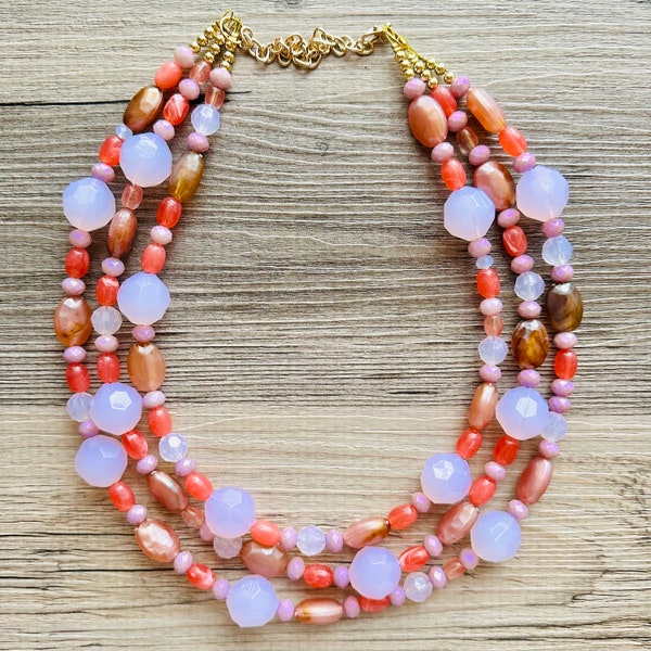 Sugar Sand Beach 3 strand OOAK statement Necklace, Blush Pink coral resin Beaded Necklace, summer gold magenta peach pink coral