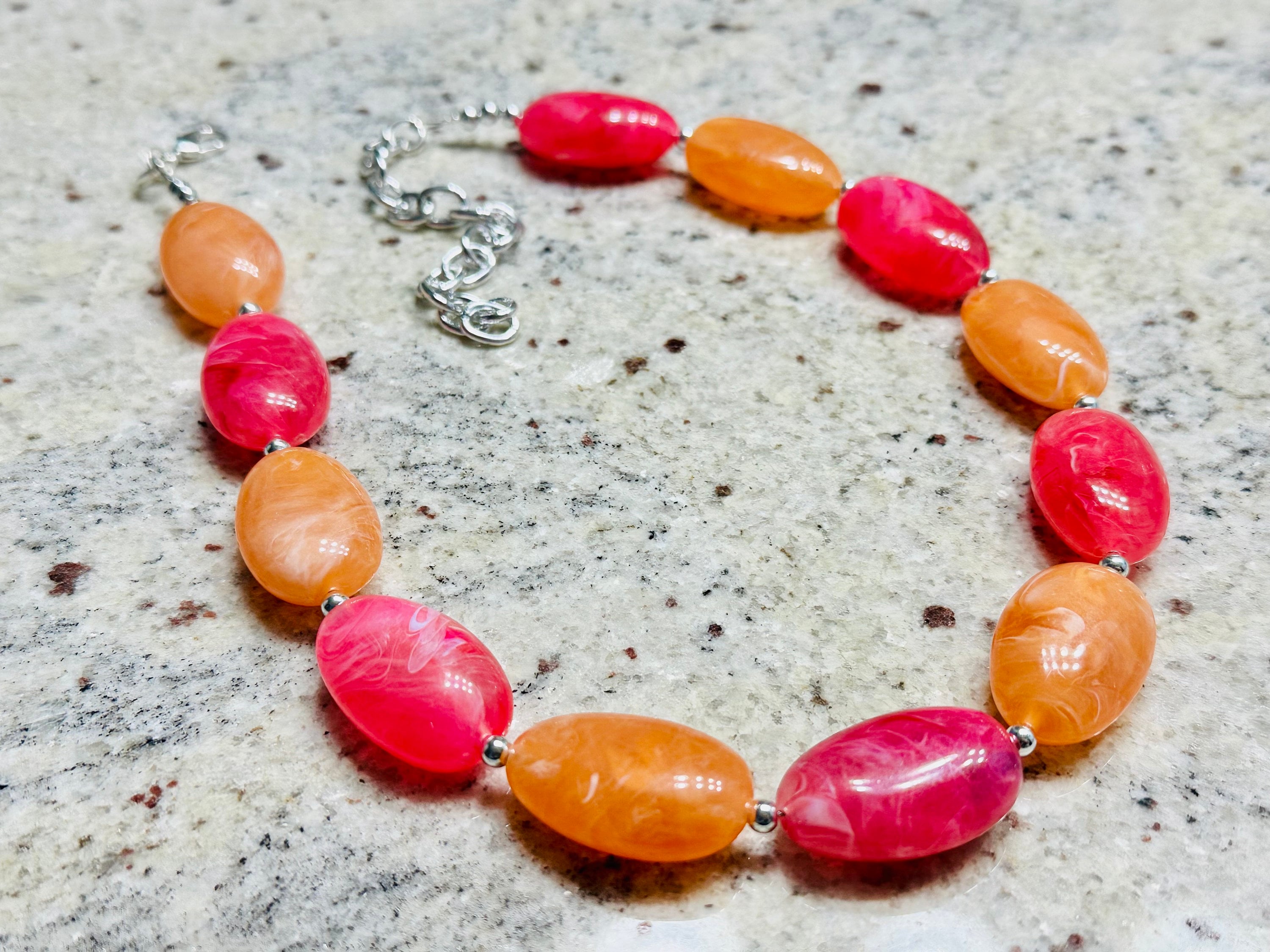 ★ NiRO SERENDIPITY★ G.P.Y HEART ORANGE BEADS NECKLACE #91 Deep Pink & Orange Single Statement Necklace, Chunky Jewelry