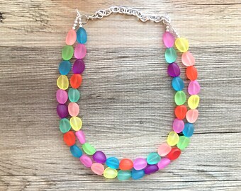 Puede incluir: Un collar multicolor hecho de cuentas ovaladas esmeriladas. El collar está hecho de dos hileras de cuentas, cada hilera con un patrón de color diferente. Las cuentas son en tonos de rosa, morado, verde, amarillo y naranja.
