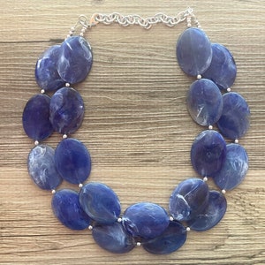 Royal Blue Chunky Statement Necklace, Big beaded jewelry, double strand Statement Necklace, chunky royal blue bib jewelry earrings