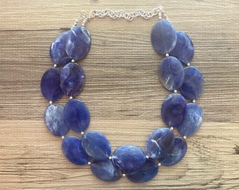 Royal Blue Chunky Statement Necklace, Big beaded jewelry, double strand Statement Necklace, chunky royal blue bib jewelry earrings