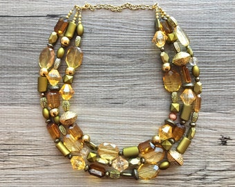 Gold & Olive 3 Strand statement necklace, big beaded necklace, chunky jewelry, green necklace, gold necklace, multi-strand bib jewelry