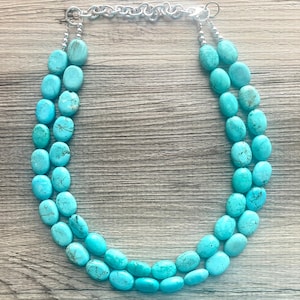 Turquoise Big Beaded Statement Necklace, blue jewelry, teal beaded necklace jewelry, blue necklace, stone gemstone chunky beaded bib