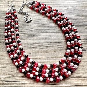 Black White & Red Necklace, multi strand jewelry, beaded chunky statement red jewelry, bridesmaid necklace, bib necklace thick collar