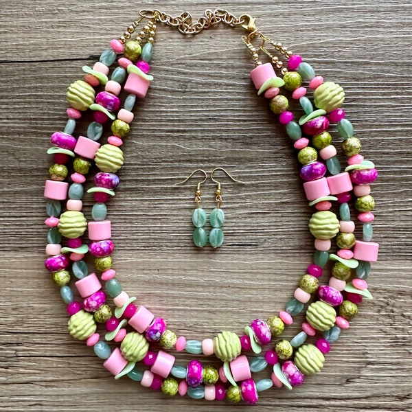 Spring Storm Green & Pink Necklace, multi strand colorful jewelry, hot pink beaded chunky statement set necklace bubble everyday lime mint