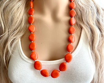 Long Bright Orange Statement Necklace, Chunky Beaded Necklace, orange Jewelry, long necklace, bead Necklace, earrings neon geometric jewelry