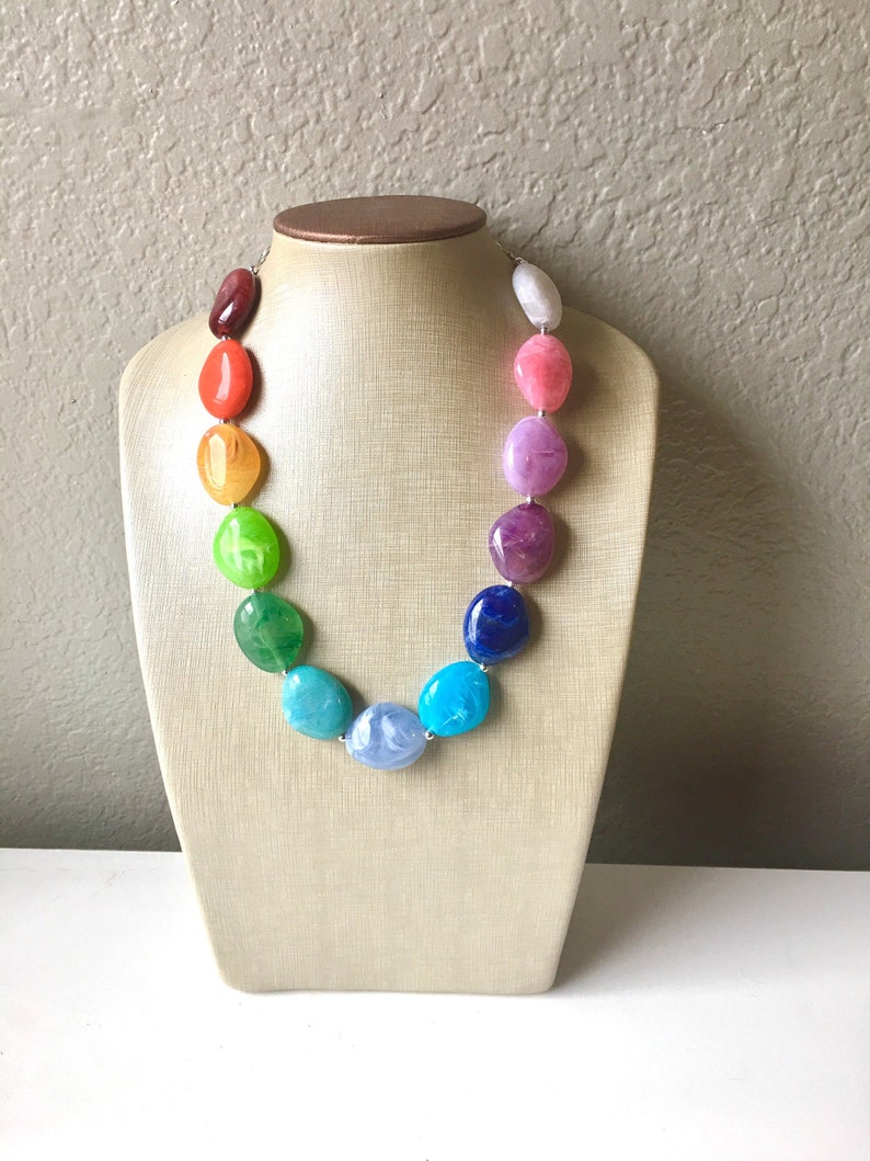 Rainbow Beaded Necklace Colorful Jewelry Chunky Statement Etsy