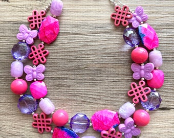 Butterfly Garden chunky statement necklace & earrings, purple pink big bead jewelry gifts for women bib jewelry Multi-Strand beaded lavender