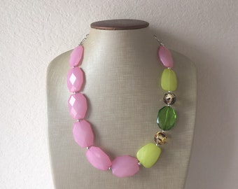 Watermelon Party Pink Green Chunky Statement Necklace, Big beaded jewelry, single Strand bib chunky Necklace, pink green white jewelry, bead