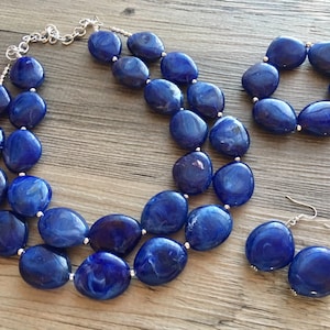 Royal Blue Chunky Statement Necklace, Big beaded jewelry, Double Strand Statement Necklace, Bib necklace, dark bridesmaid wedding, praline