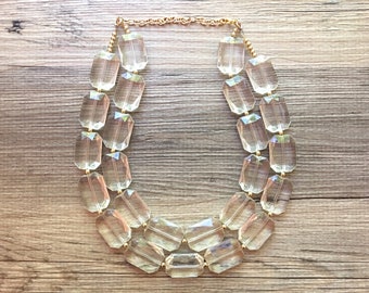 Chunky Clear Crystal Statement Necklace, Faceted Everyday neutral jewelry, statement necklace, silver or gold accents chunky bib necklace