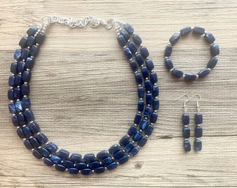 Navy Blue Chunky Statement Necklace, triple strand necklace, blue necklace, dark blue necklace, navy blue wedding, bridesmaid necklace