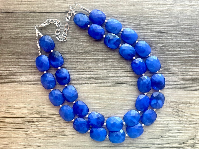 Royal Blue Statement Necklace, Chunky Jewelry Big Beaded Double Strand Necklace, Dark Blue Necklace, Blue Jewelry Set, Dark Blue Beaded image 5