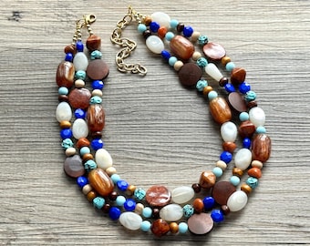 Sedona Streets-statementketting, stevige sieraden met slabbetjes, blauwe ketting, koffiebruine kralen aqua koningsblauw, gebruinde champagnechocolade