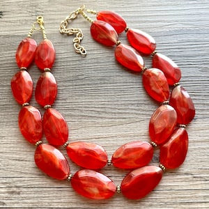 Big Bead red Necklace, Double Strand Statement Jewelry, bright lipstick red Chunky bib bridesmaid, red jewelry, red necklace beaded