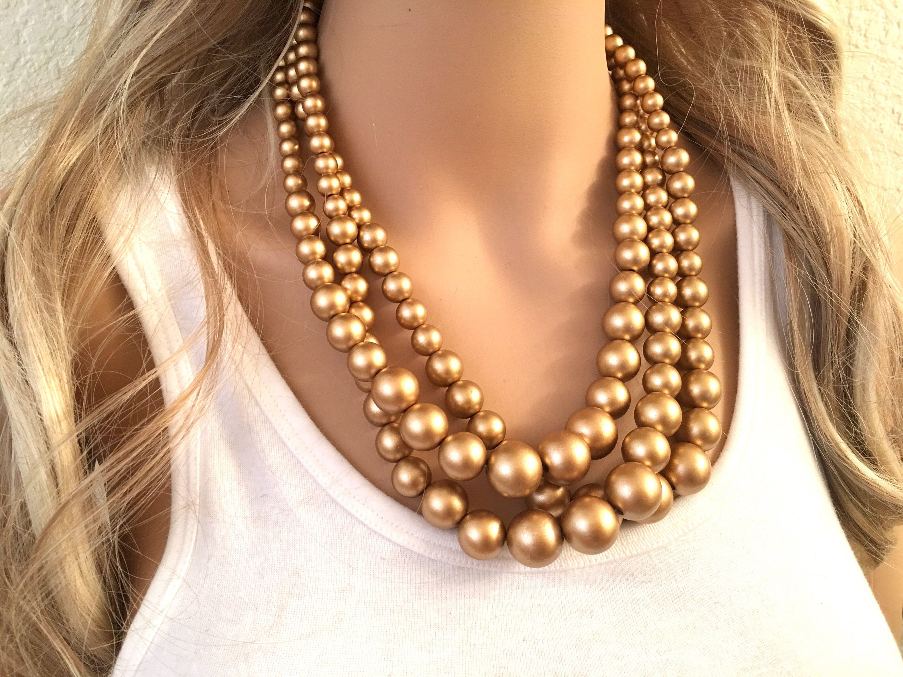 Beaded Bib Statement Necklace In Matte Gold Tone FAST SHIP FROM USA 