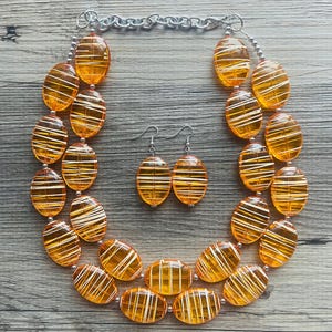 Textured Orange Statement Necklace, Big Beaded necklace, chunky beaded necklace wedding, clementine jewelry, white striped jewelry