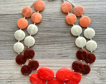 Fall Sunset Statement Necklace, Chunky 2 Strand Jewelry, orange necklace champagne red necklace, silver tan brown bib beaded necklace