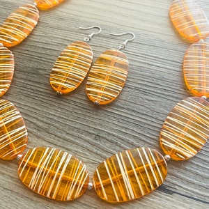 Textured Orange Statement Necklace, Big Beaded necklace, chunky beaded necklace wedding, clementine jewelry, white striped jewelry