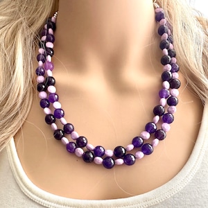 Midevil Purple Statement Necklace, Chunky 2 Strand Jewelry, genuine agate necklace, purple gemstone bib necklace bridesmaid
